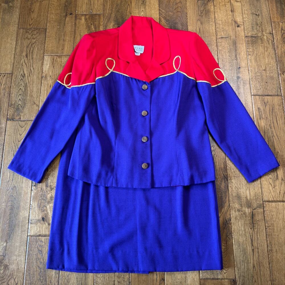VTG Victoria Morgan Skirt Suit Linen Blend Purple Red Western Women 16 USA Made